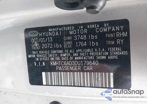 2013 Hyundai Veloster Base W/Black z USA, uszkodzony, nr VIN KMHTC6AD3DU179640